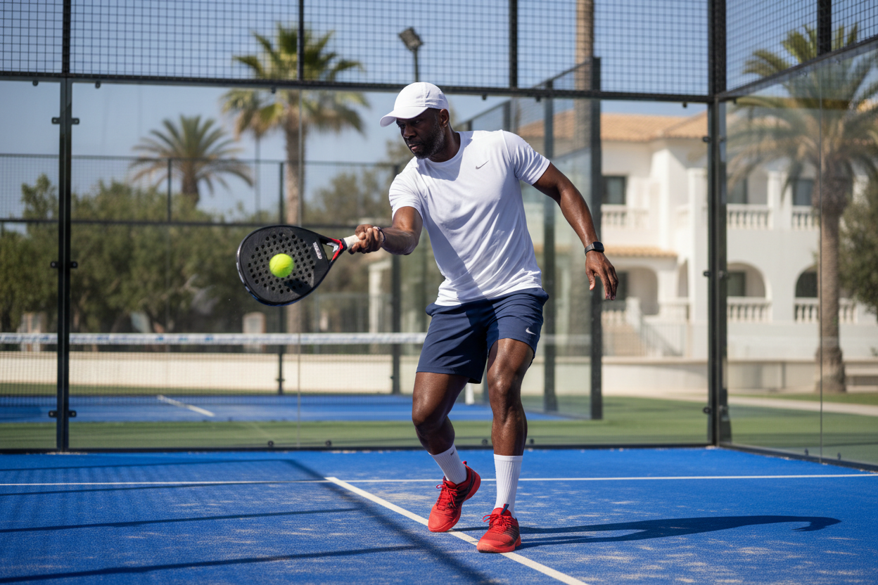 an african man fit in his 30s playing Padel, wearing a cap, photorealistic