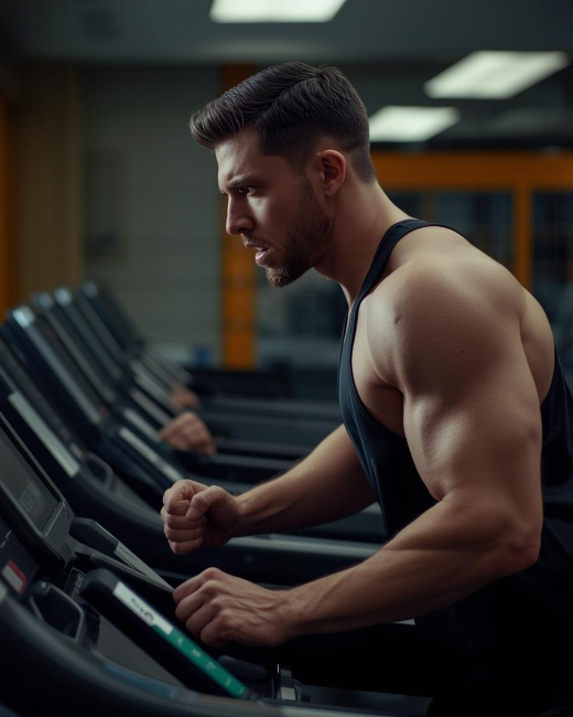 Muscular man exercising on a treadmill in a gym setting