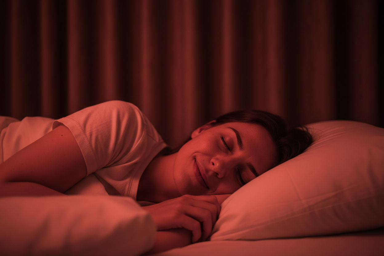 person sleeping soundly with a smile on their face. close up of face up pillow. their face is gently lit by a red glow. Its night time and curtains are drawn shut. Photorealistic. 